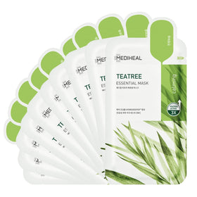 MEDIHEAL front packaging showing ten tea tree masks and calming benefit