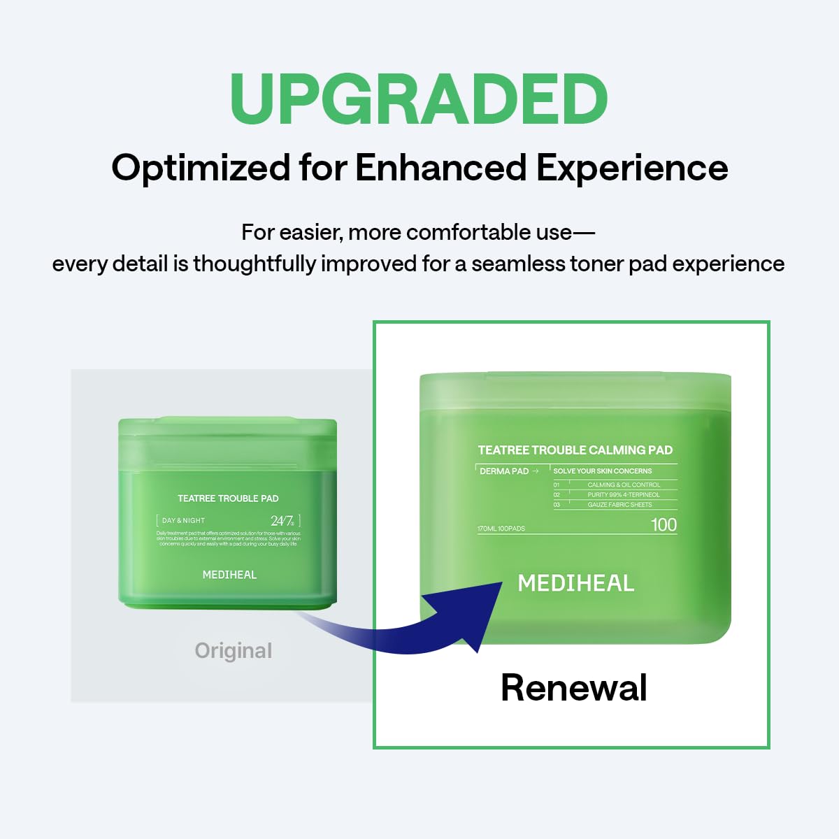 MEDIHEAL soaked pad showing tea tree solution for calming skin