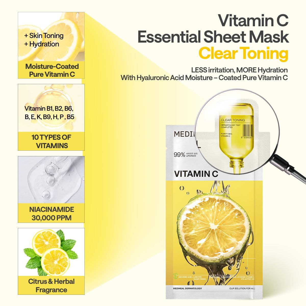 MEDIHEAL product label showing ingredient highlights and clinical testing benefit