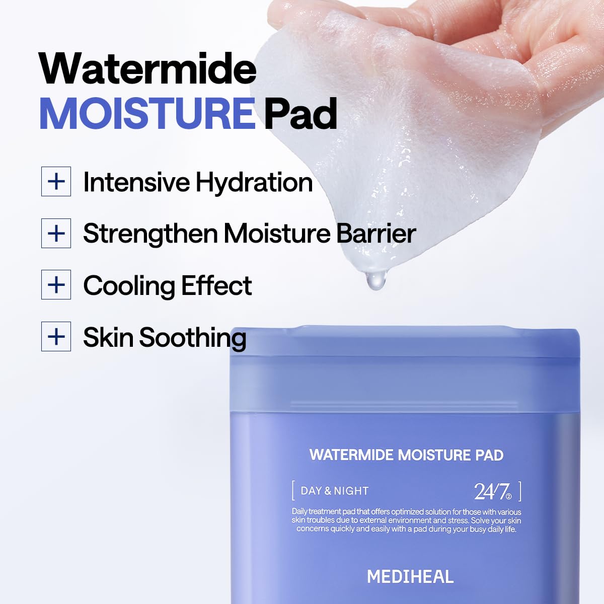 MEDIHEAL pad soaked with serum drop highlighting squalane absorption