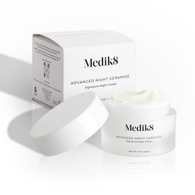 Medik8 jar on nighttime vanity to illustrate restful routine and refreshed skin