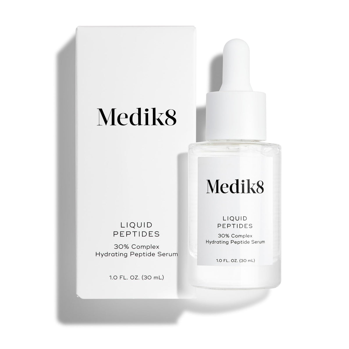 Medik8 front bottle view highlighting clear peptide serum and elegant packaging benefit