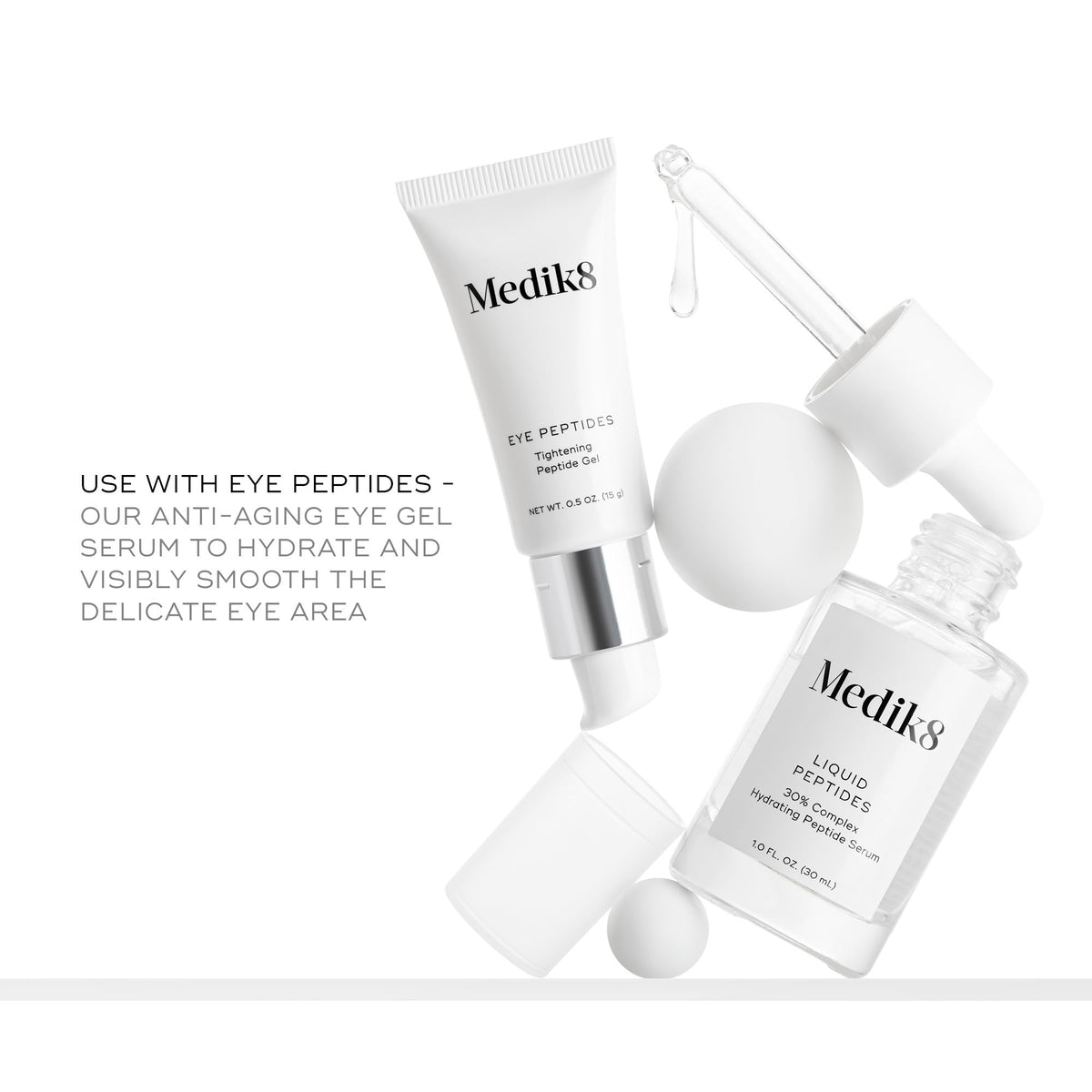 Medik8 bottle next to ruler for scale conveying compact 1.0 oz travel-friendly benefit
