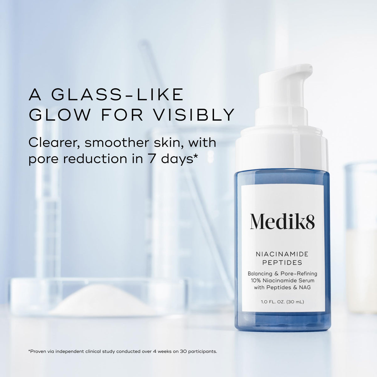 Medik8 lifestyle shot applying serum at mirror showing daily use simplicity benefit