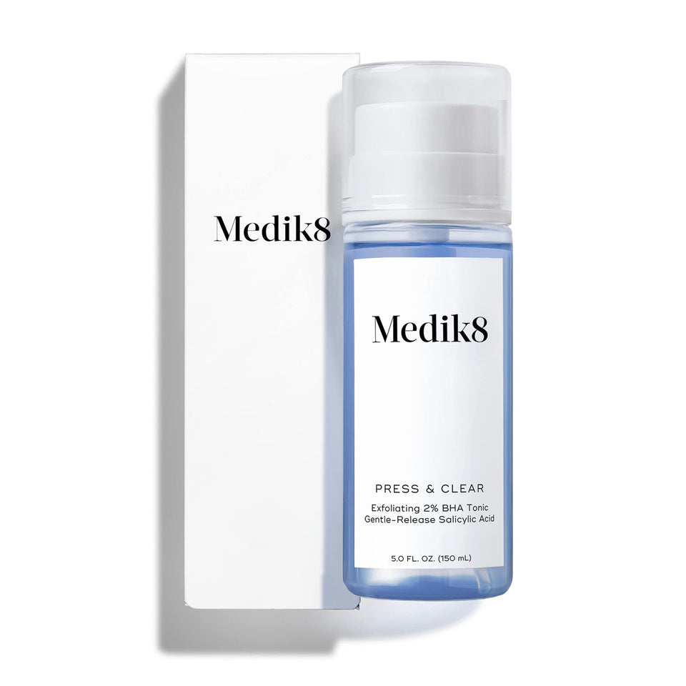 Medik8 Press and Clear front bottle showing packaging and clear tonic benefit