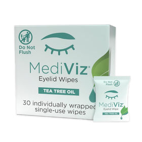 MEDIVIZ front packaging showing 30 eyelid wipes for quick cleansing