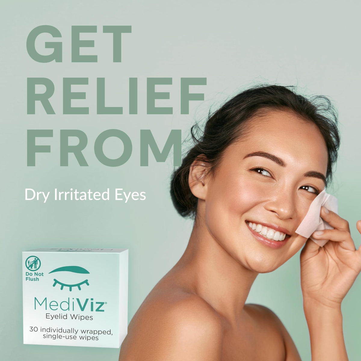 MEDIVIZ opened single-use packet revealing a ready-to-use eyelid towelette for travel