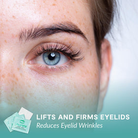 MEDIVIZ towel gently wiping eyelid demonstrating quick no-rinse cleansing benefit
