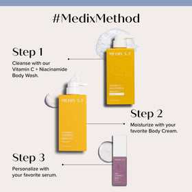 Medix 5.5 body wash pump close-up showing rich gel texture for gentle cleansing