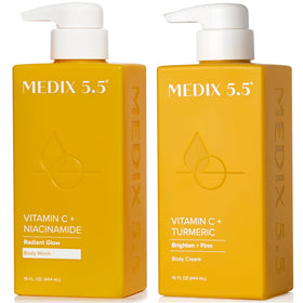 Medix 5.5 front packaging of two‑piece set showing cleanser and lotion benefits