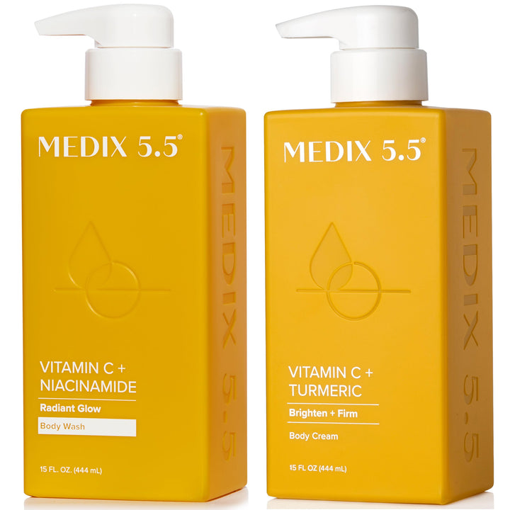 Medix 5.5 front packaging of two‑piece set showing cleanser and lotion benefits