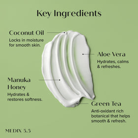 Medix 5.5 close-up of manuka honey and coconut oil ingredients soothing skin