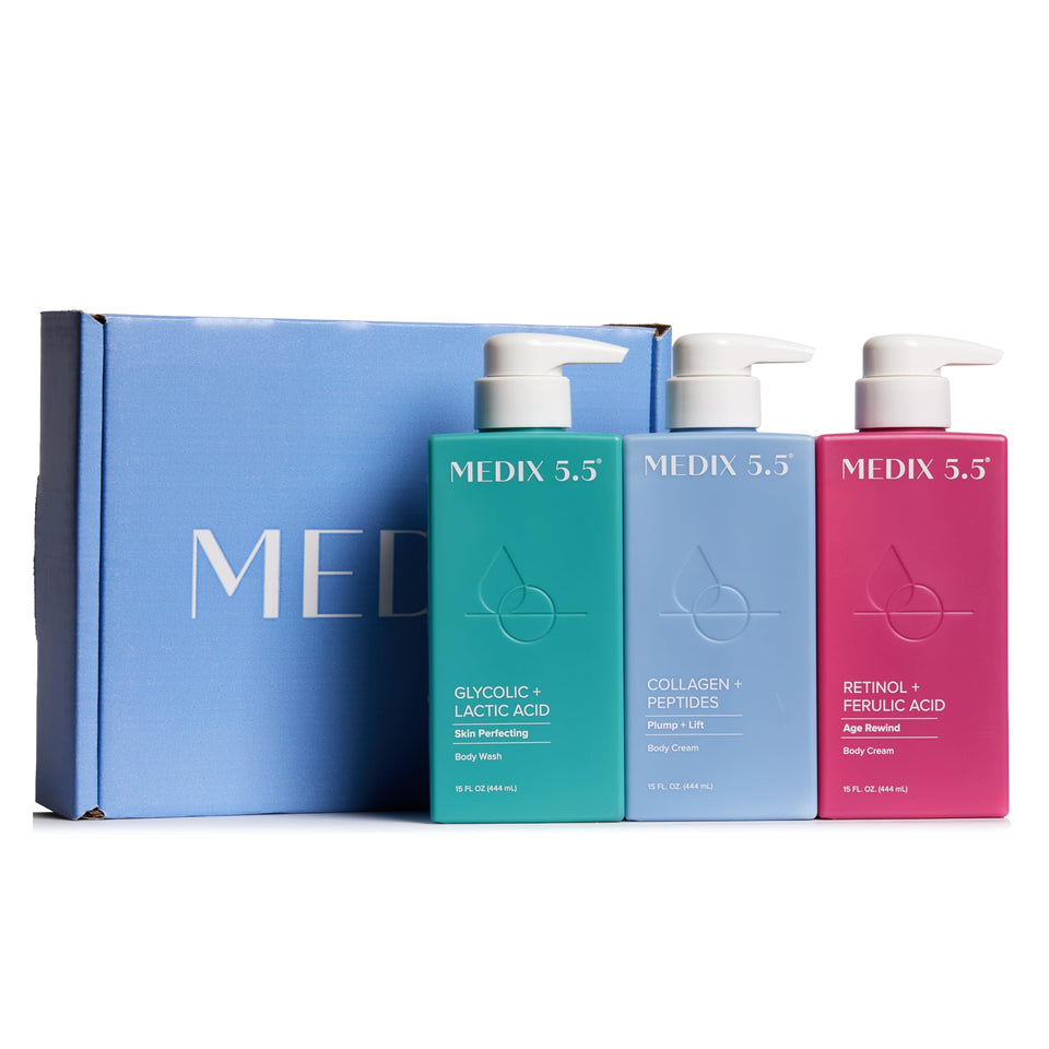 Medix 5.5 front packaging of three-piece smooth and firm set showing contents and gift box benefit