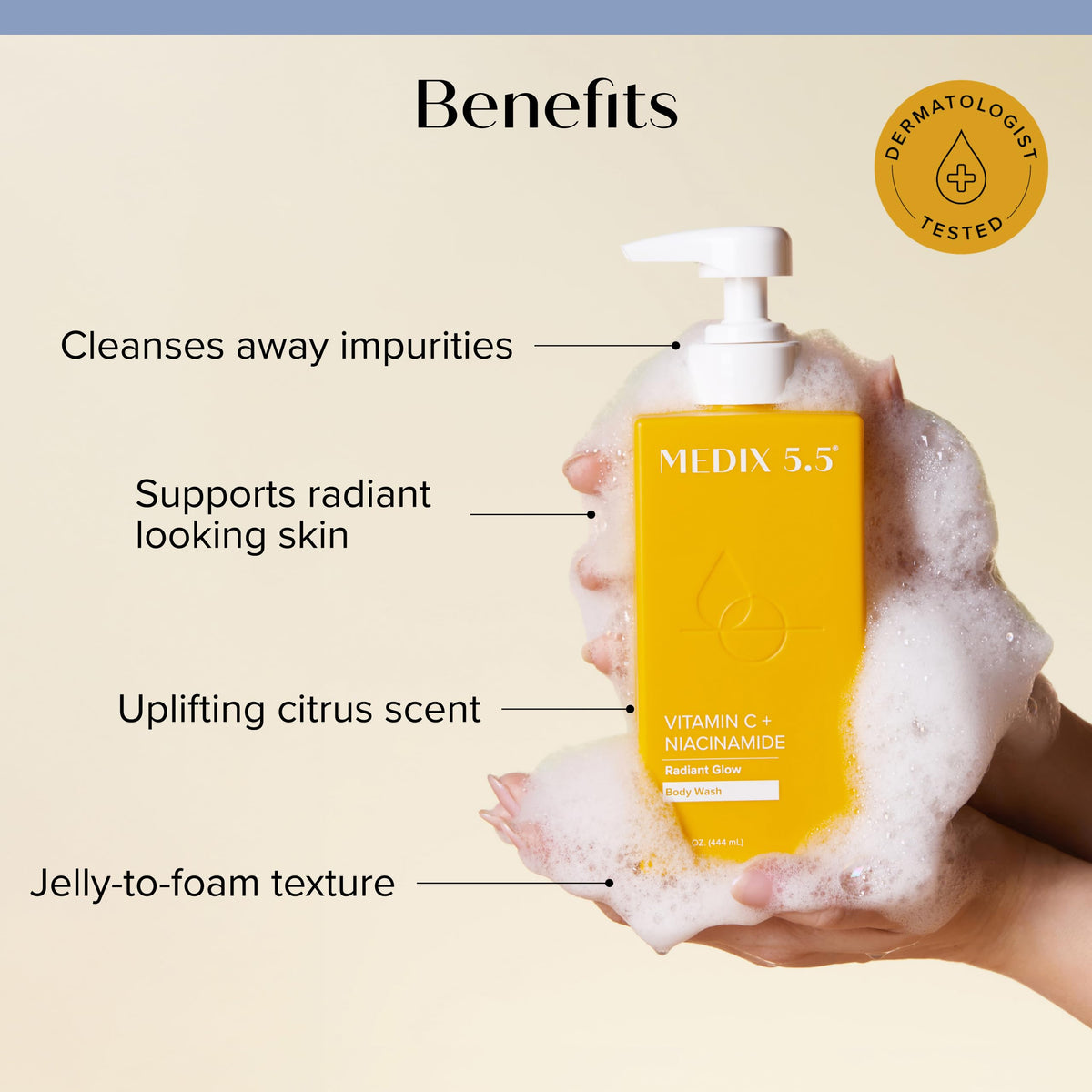 Medix 5.5 gel texture on palm demonstrating smooth hydrating foam