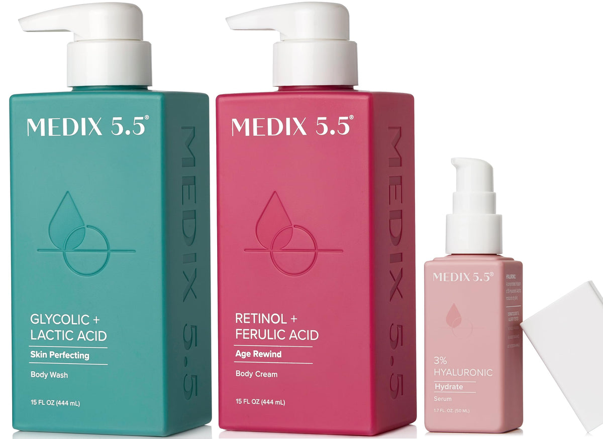 Medix 5.5 three-piece set displayed, shows coordinated skincare benefits