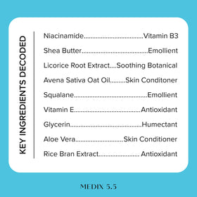 Medix 5.5 label detail highlighting key ingredients like niacinamide and shea butter benefit