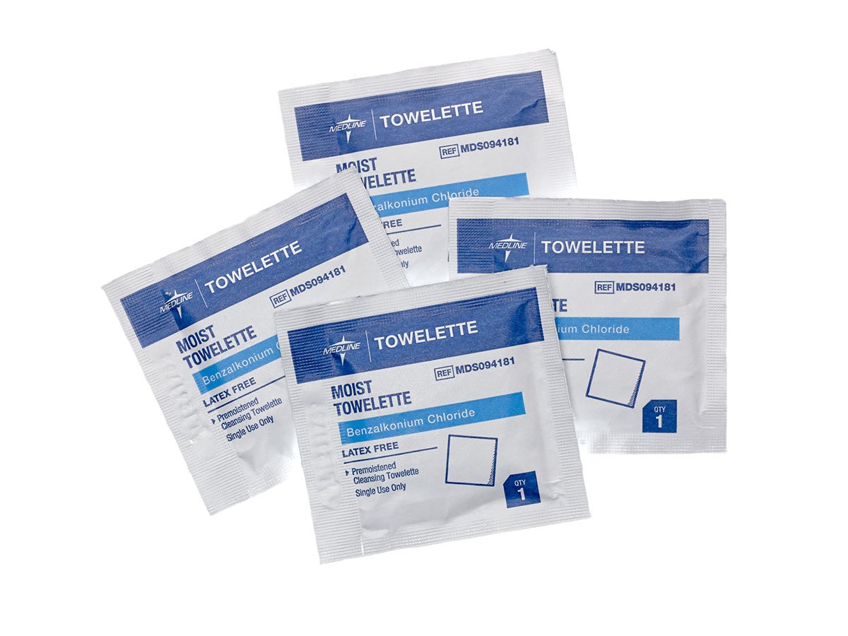 Medline front packaging showing individually wrapped wipes and travel-ready convenience