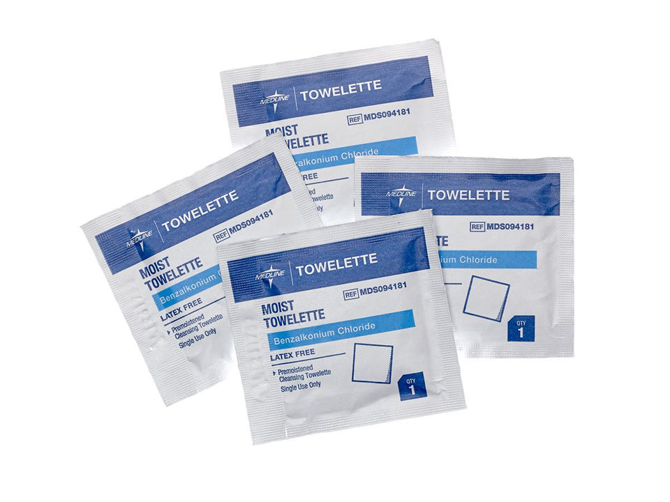 Medline front packaging showing individually wrapped wipes and travel-ready convenience