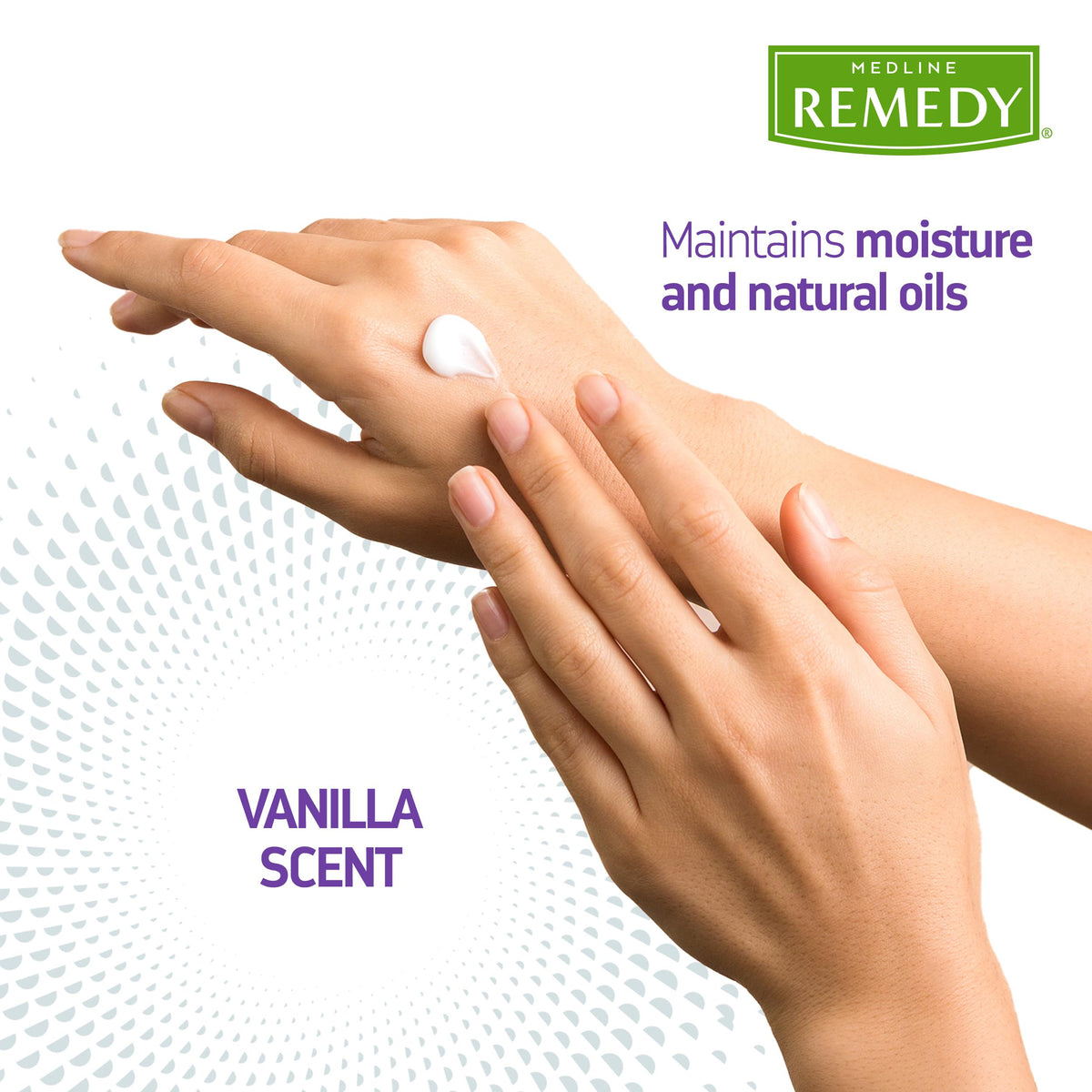 Medline Remedy being applied to hands for immediate hydration benefit