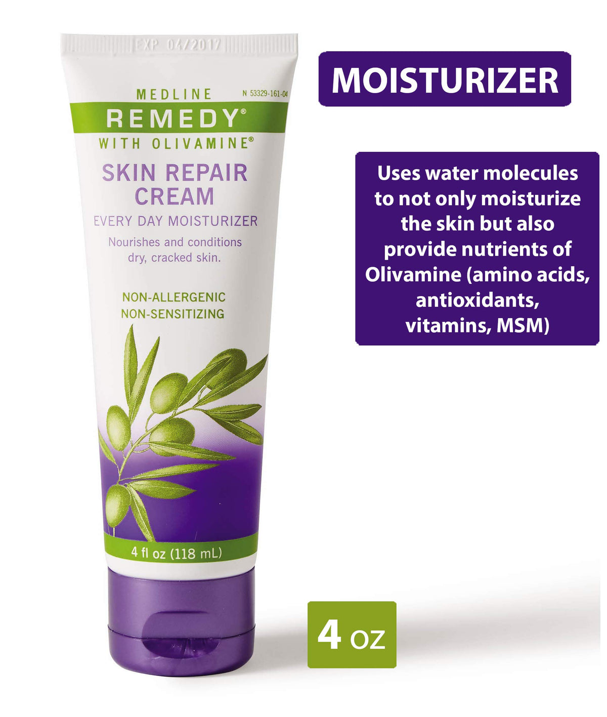 Medline Remedy label close-up highlighting Olivamine ingredients and benefits
