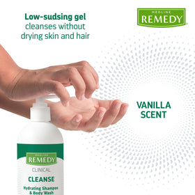 Medline Remedy foam in hand illustrating mild lather and moisturizing performance
