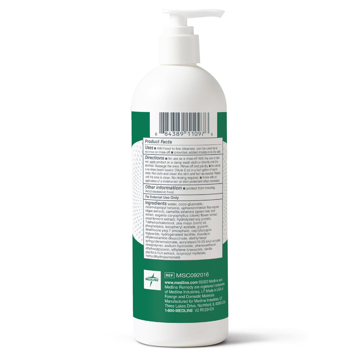 Medline Remedy bottle beside a hand for scale showing 16 fl oz size and portability