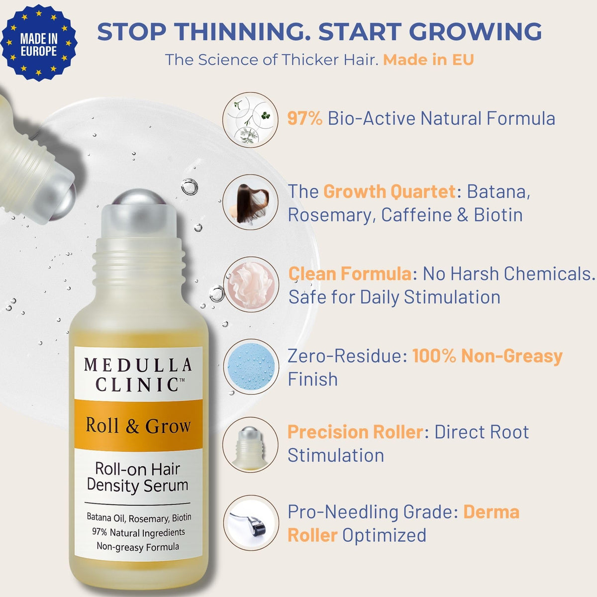 Medulla Clinic roller-ball close-up demonstrating precise direct-to-scalp application
