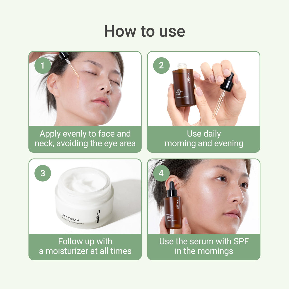 Meebak bottle on vanity beside moisturizer, shows layering with skincare products benefit