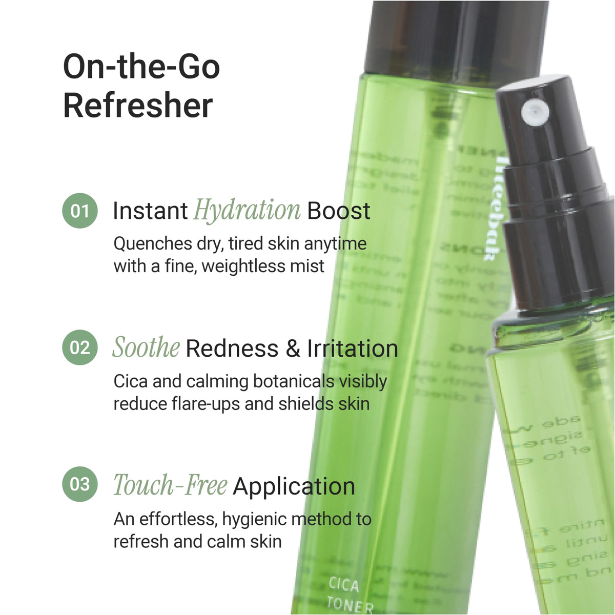 Meebak toner texture being sprayed to show fine, hydrating mist