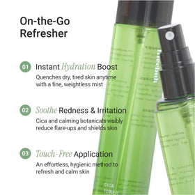 Meebak toner texture being sprayed to show fine, hydrating mist