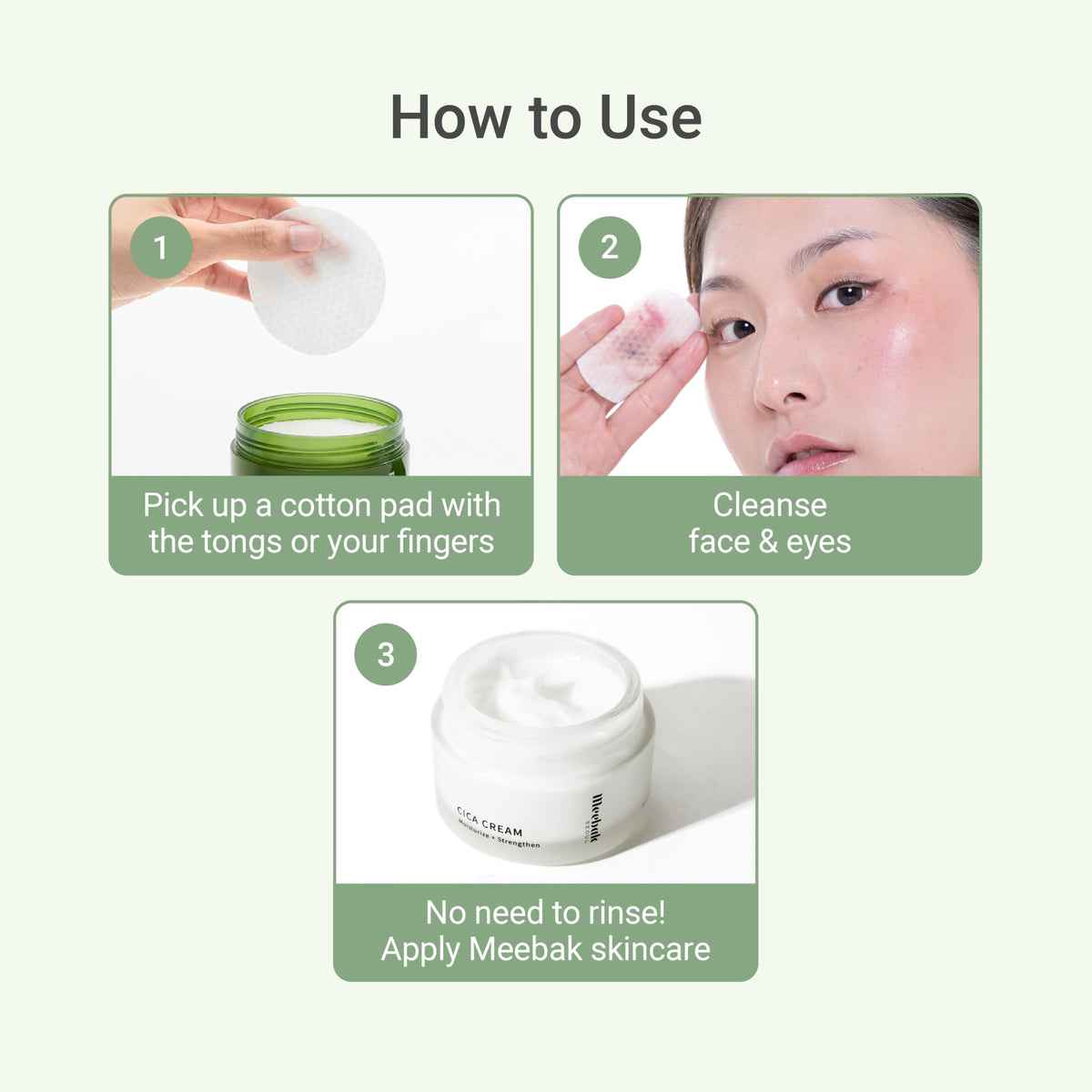 Meebak ingredients card with Centella and lavender emphasizing calming and soothing benefits