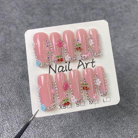 meemooron close-up of 3D cherry rhinestones and flowers, detailed decorative precision