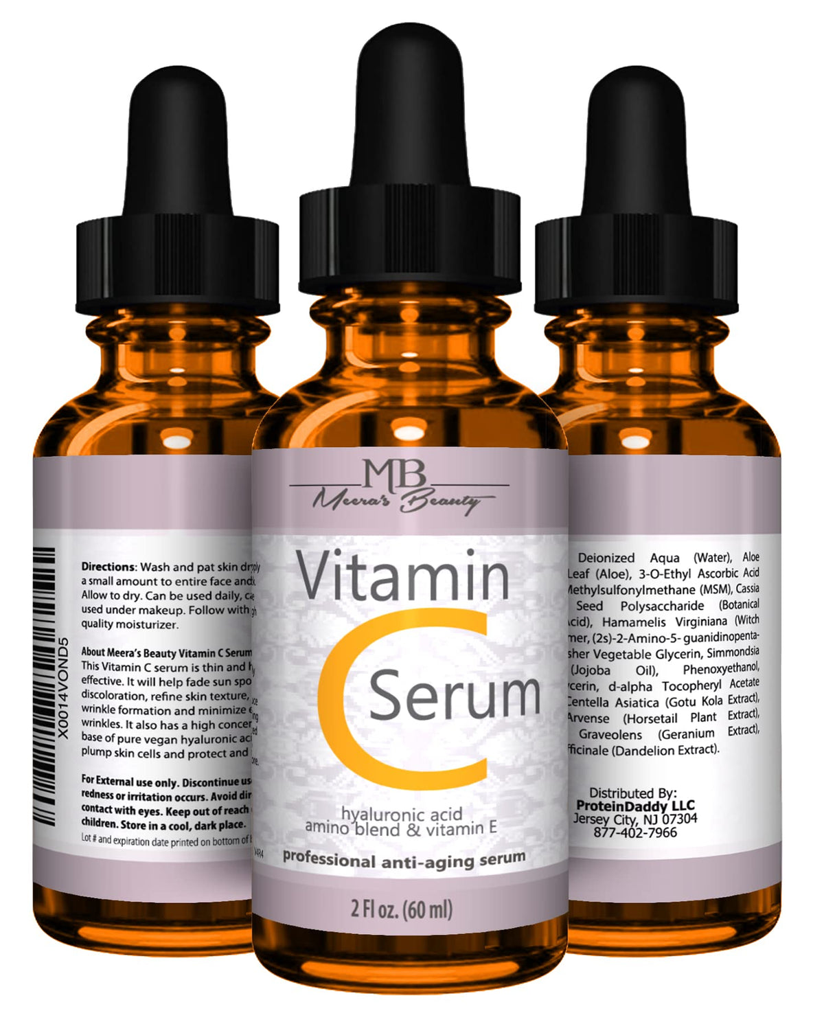 Meera's Beauty label ingredients closeup highlighting vitamin C and hyaluronic acid