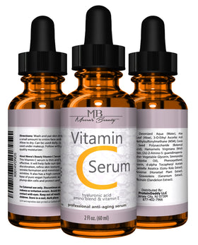 Meera's Beauty label ingredients closeup highlighting vitamin C and hyaluronic acid