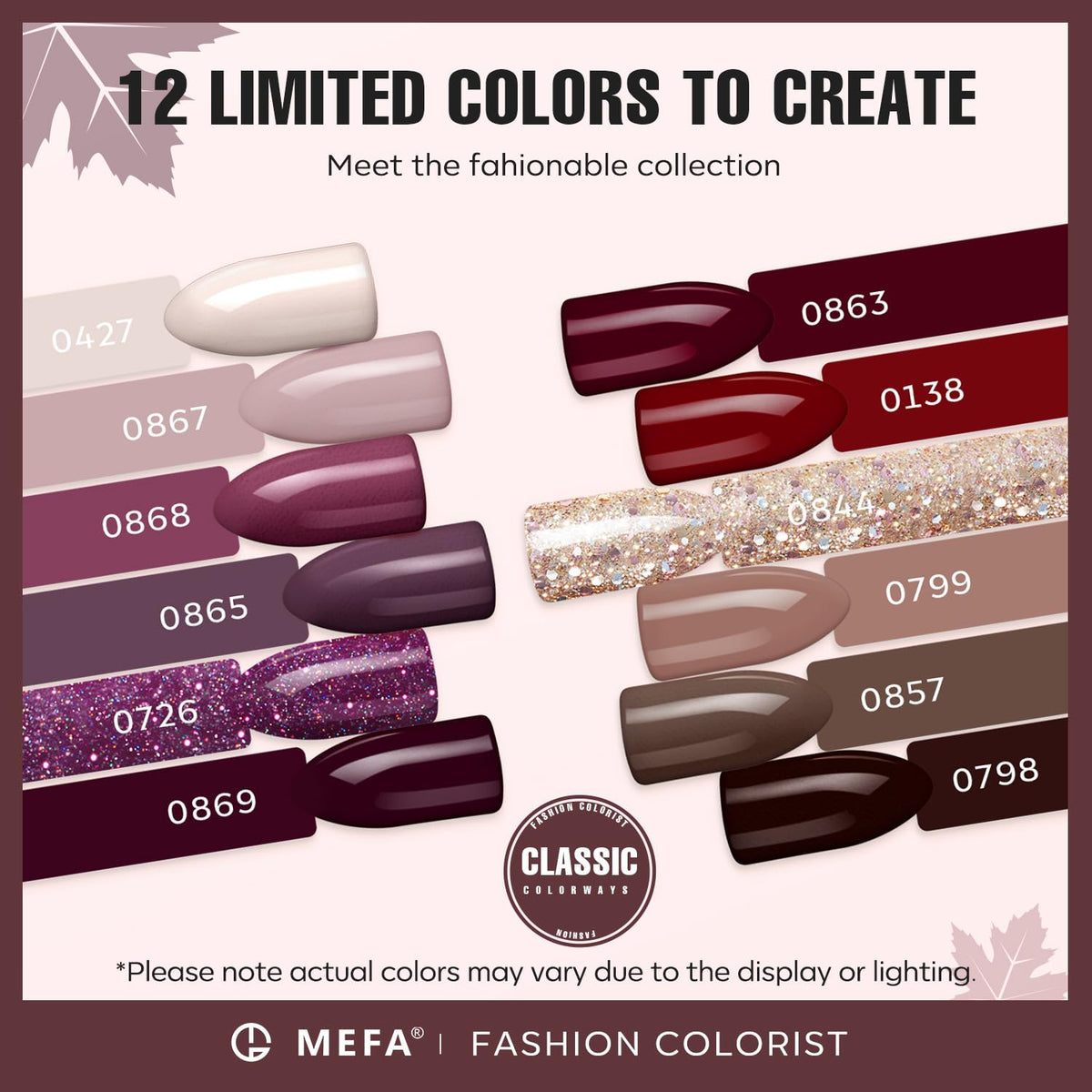 MEFA 12 shades laid out showing burgundy, purple, nude and gold variety