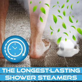 Mefitex steamer dissolving under shower water releasing aromatic eucalyptus vapor