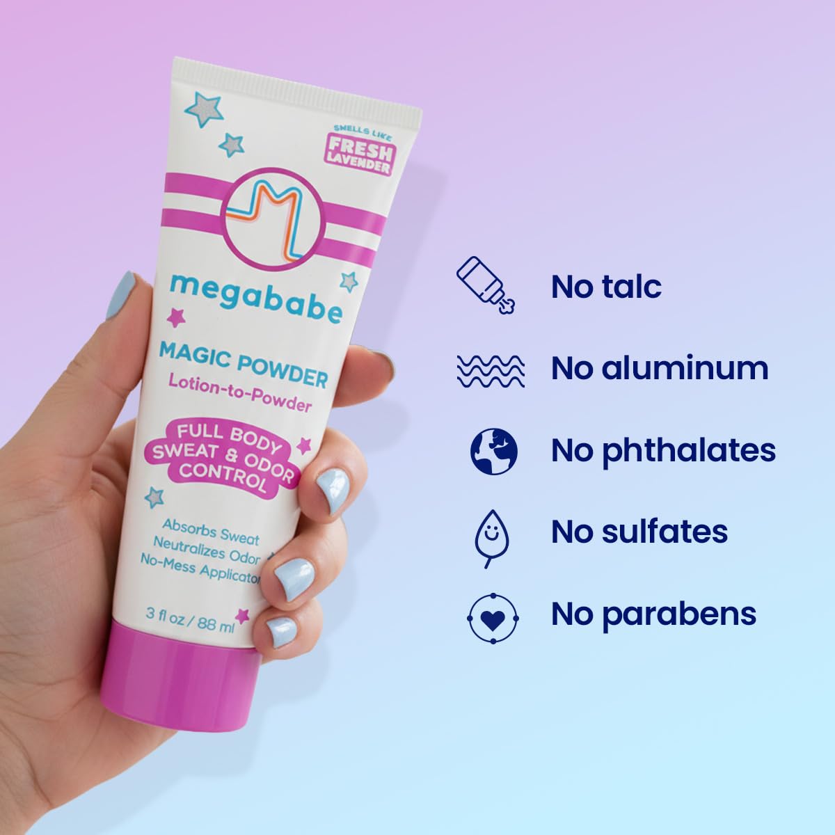 Megababe applied to foot close-up showing moisture control and odor reduction benefit