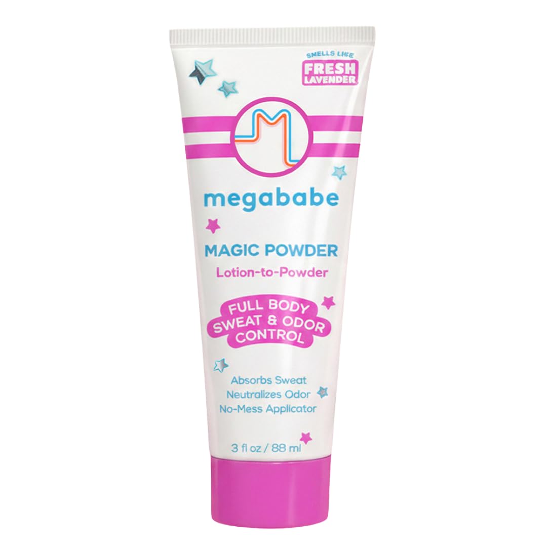 Megababe front packaging bottle showing product and benefit of sweat control