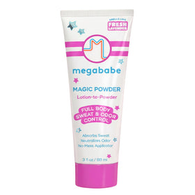 Megababe front packaging bottle showing product and benefit of sweat control