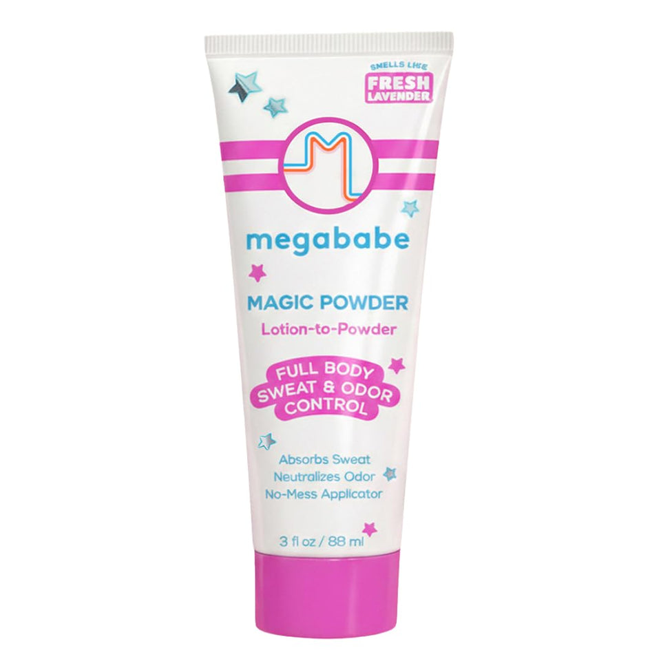 Megababe front packaging bottle showing product and benefit of sweat control