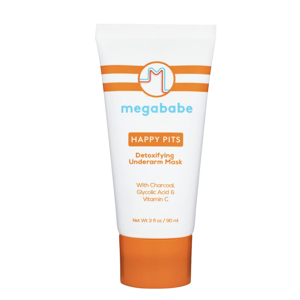 Megababe Happy Pits front tube showing branding and benefit for cleaner pits