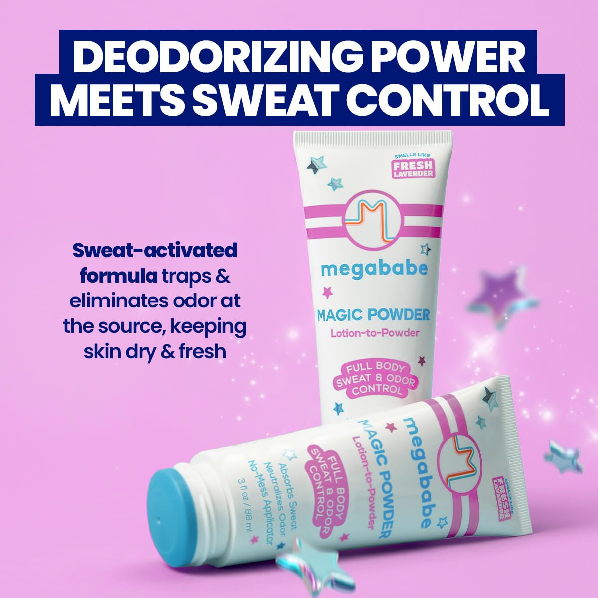 Megababe lotion texture on hand illustrating smooth spreadability and quick dry benefit