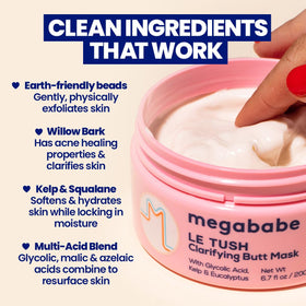 Megababe mask applied to tush in bathroom demonstrating easy application and coverage