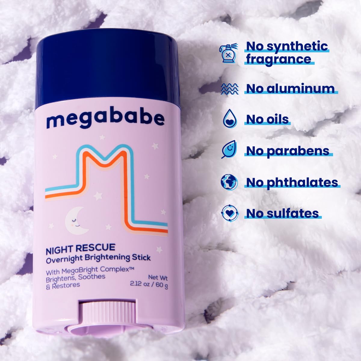 Megababe Night Rescue close-up label showing clean, aluminum-free formulation benefits
