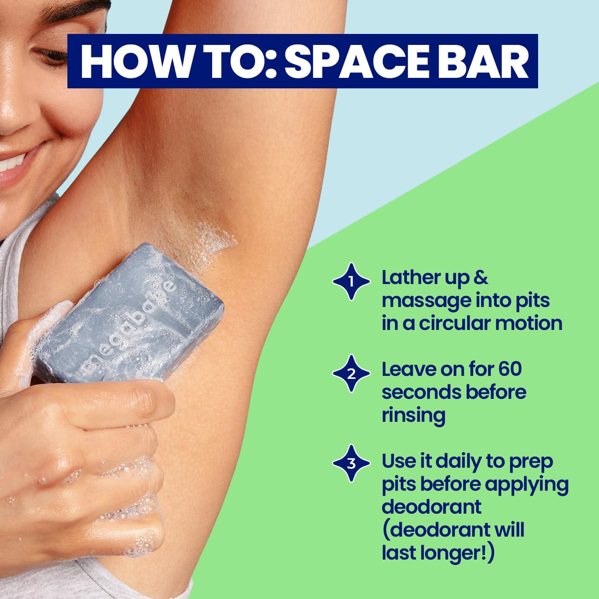 Megababe Space Bar creamy lather on hand, shows gentle cleansing action