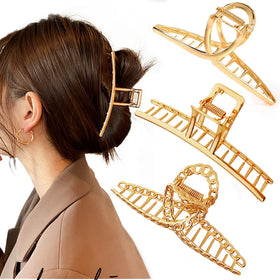 Mehayi front view of three metal claw clips showing elegant finish and strong hold
