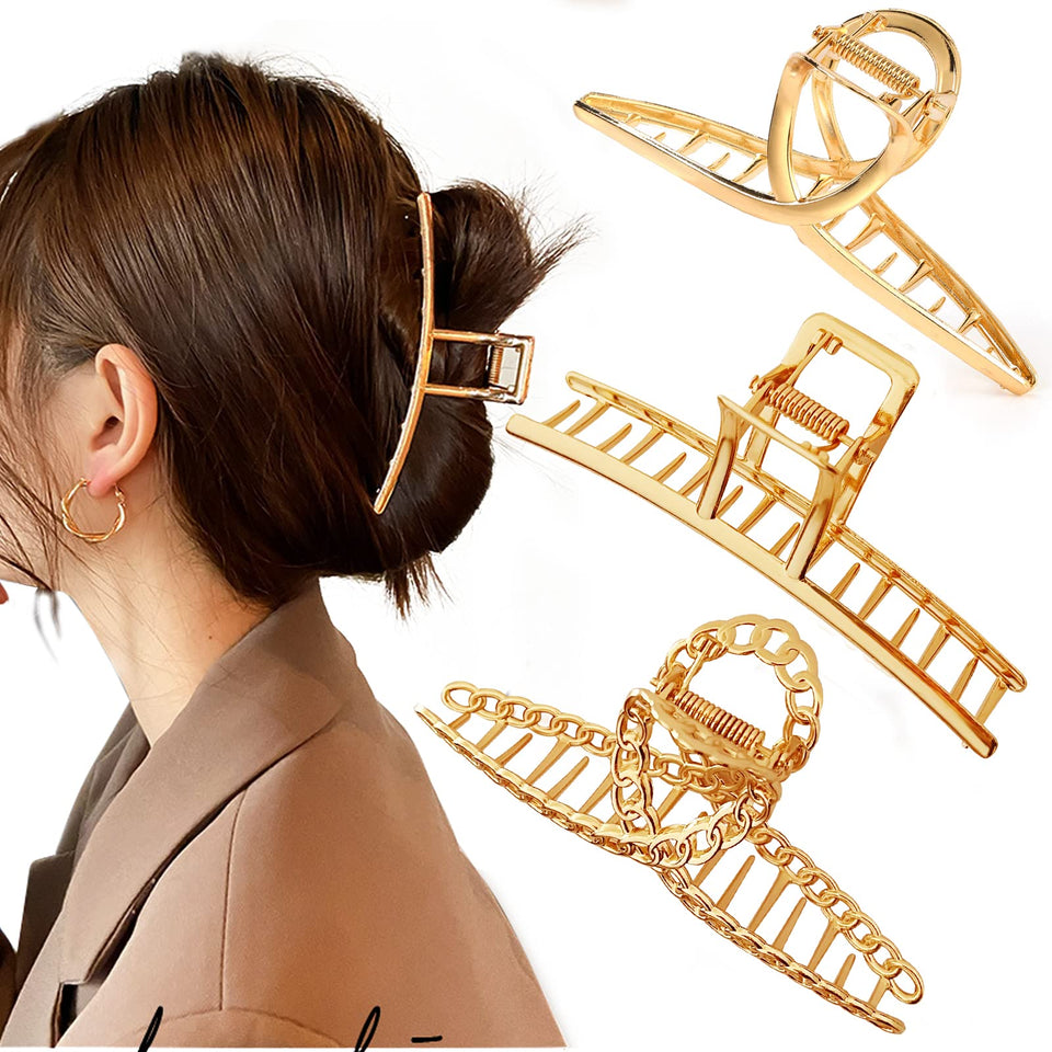Mehayi front view of three metal claw clips showing elegant finish and strong hold