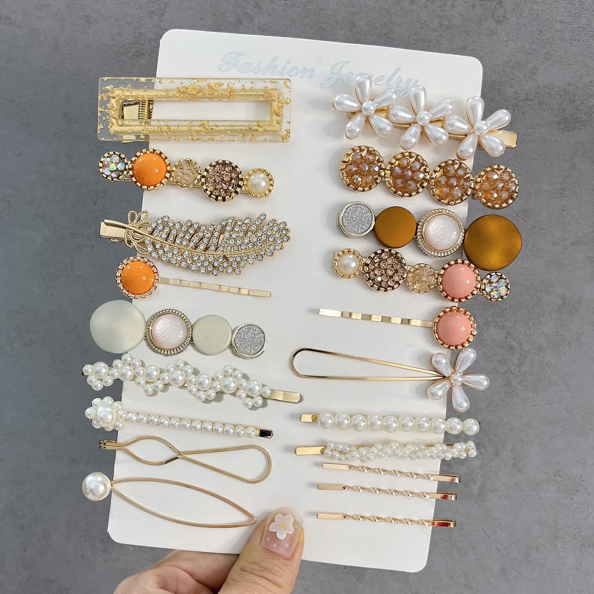 Mehayi pearl clip detail showing imitation pearls and elegance