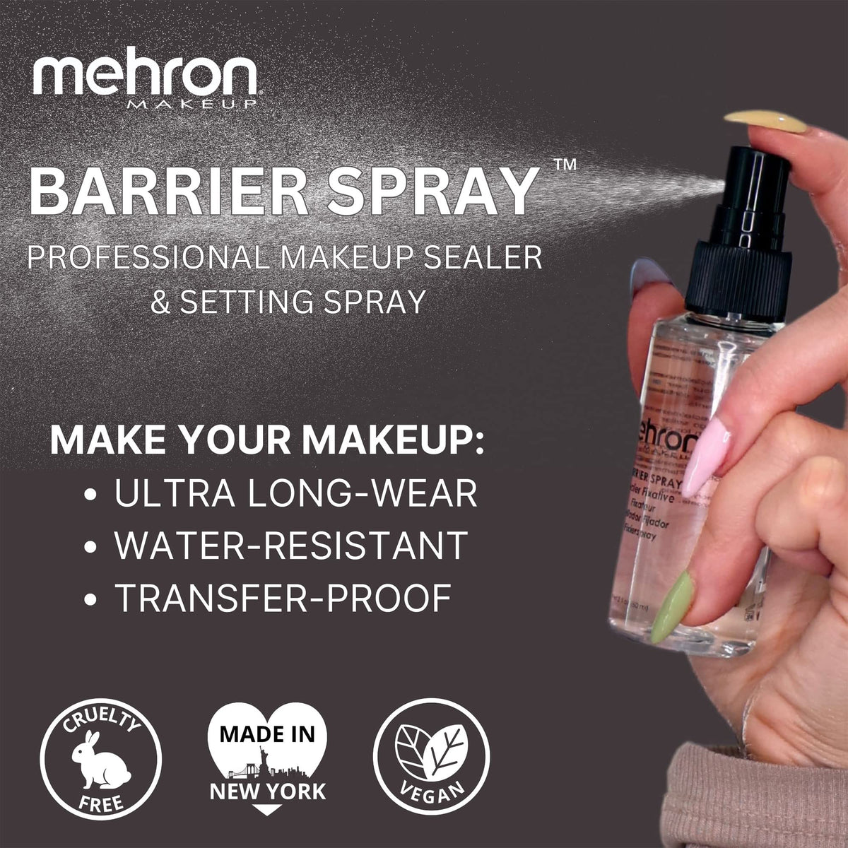 Mehron bottle placed beside a makeup kit showing professional use