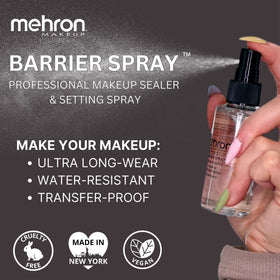 Mehron bottle placed beside a makeup kit showing professional use